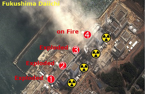 Fukushima daiichi overhead view of exploded reactors
